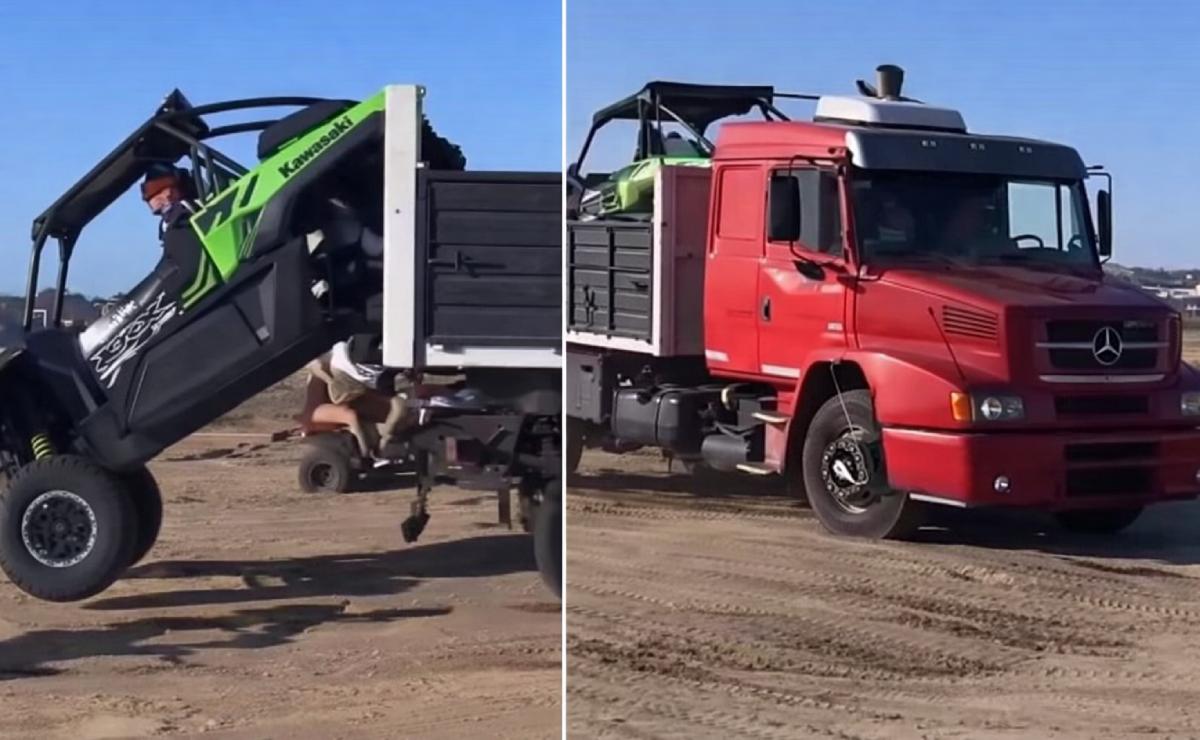 Locura y maniobras temerarias en una playa de Villa Gesell: saltó con su UTV de un camión en movimiento 1 UTV